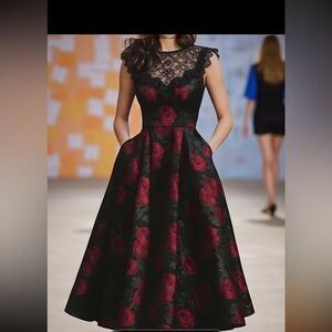 Elegant Black Dress with Red Rose Jacquard